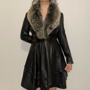 Black Leather Coat Fur Collar Fit Flare